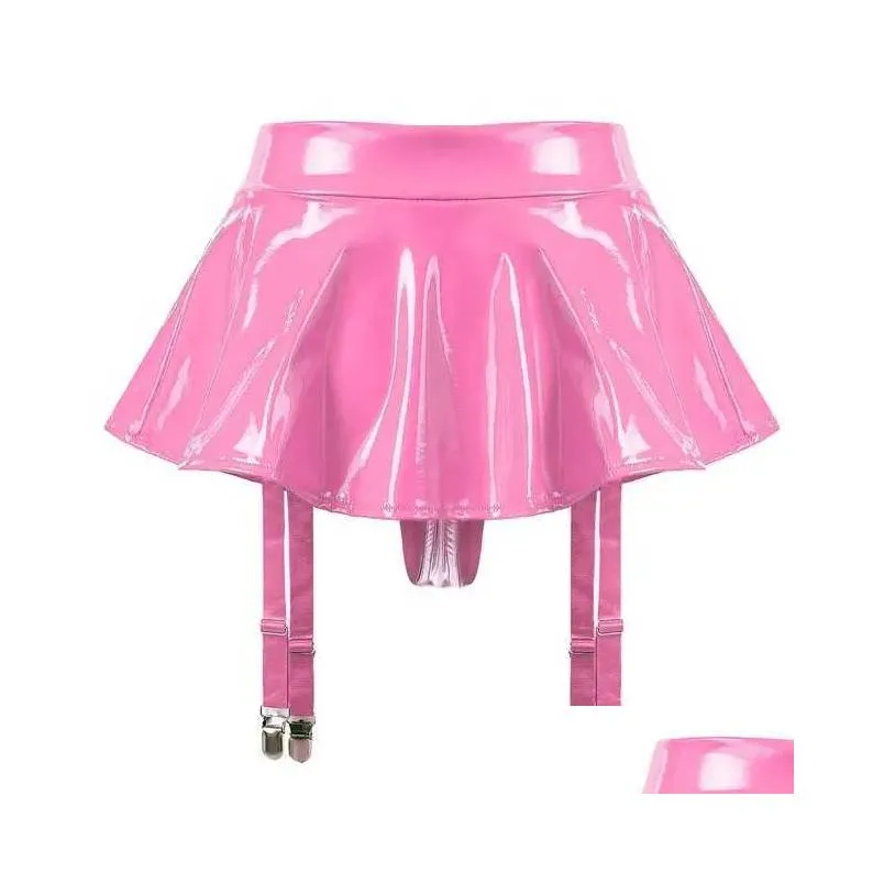 Skirts&Skorts Skirts Skorts Womens Wet Look Patent Leather Ruffle Mini Skirt Built-In Thongs Garter Belts Metal Clips Lingerie Minisk Ot9Vh