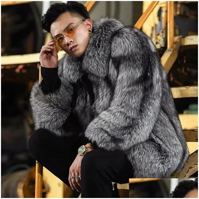 Men`s Leather Faux High Quality Furry Fur Coats and Jackets Mens Silver gray Fluffy Top Coat Turn Down Collar Thick Warm Winter Jacket Man