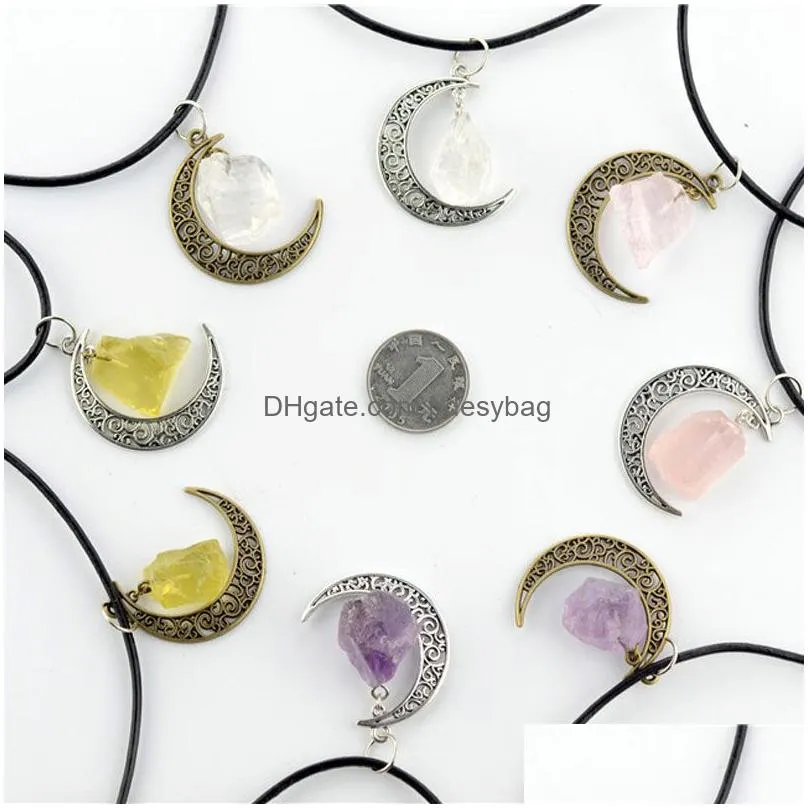 Pendant Necklaces Simple Irregar Natural Stone Crystal Healing Moon Pendant Necklaces Jewelry With Rope Chain For Women Men Drop Deliv Dhcji