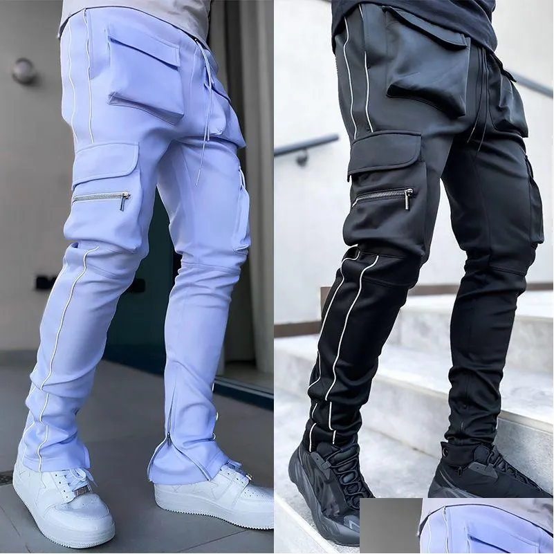 GODLIKEU Cargo Pants Spring And Autumn Men`s Stretch Multi-Pocket Reflective Straight Sports Fitness Casual Trousers Joggers