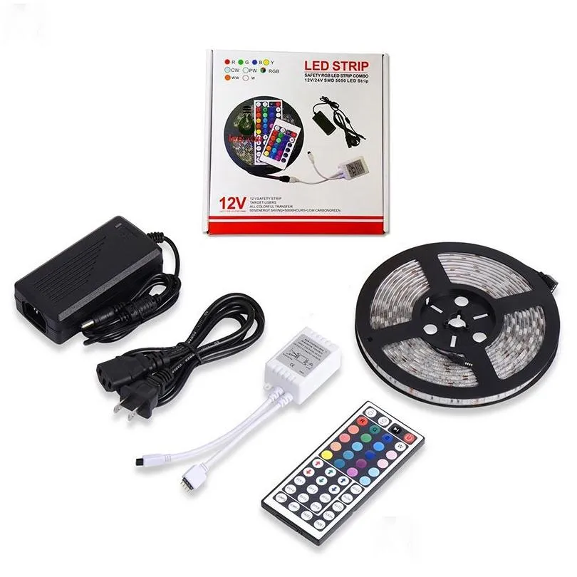 5050 60led led lights strip waterproof rgb 5m strip light 44key ir remote controller dc 12v power supply