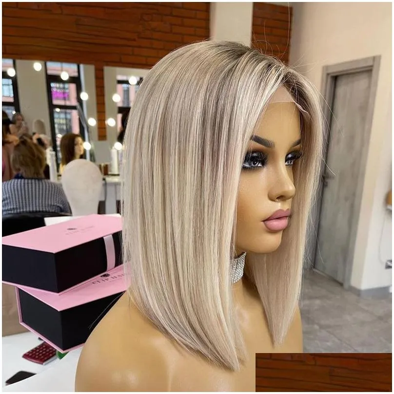 Synthetic Wigs Ash Blonde Highlight Lace Front Wig Human Hair 360 Frontal Wigs Hd Transparent Short Straight Bob For Women Synthetic Dhsgf