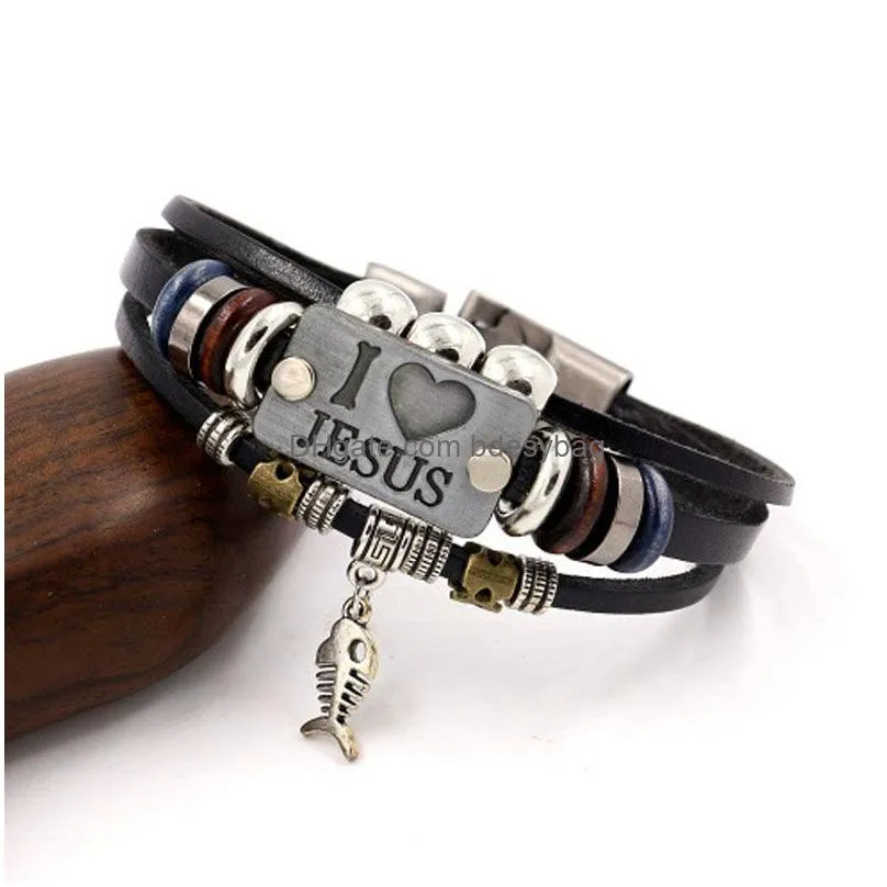 Charm Bracelets I Love Jesus Christian Genuine Leather Mtilayer Bracelets Retro Handmade Beaded Charm Cuff For Men Women Jewelry Drop Dhkru