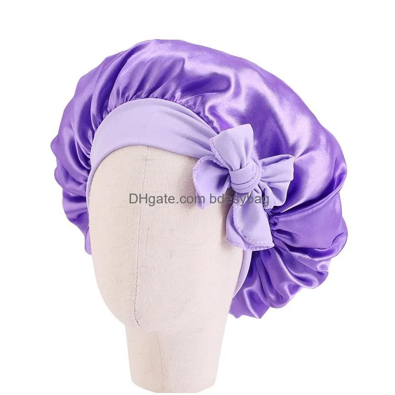 Beanie/Skull Caps Solid Color Satin Bowknots Sleep Caps Bonnet For Kids Children Girl Headwrap Night Hat Hair Care Fashion Headwear Dr Dhk0U