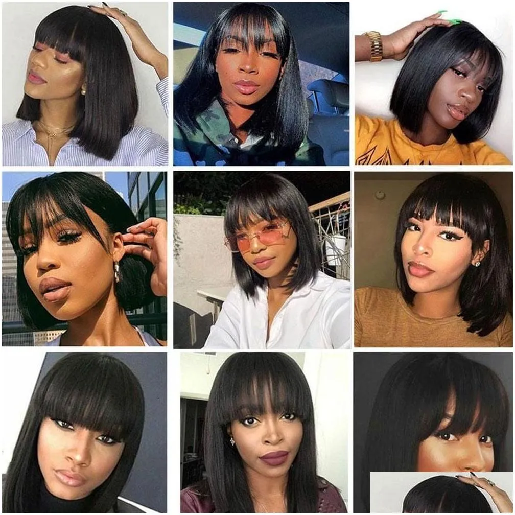 Lace Wigs Straight Bob Human Hair With Bang Fl Hine Made Brazilian Remy For Black Woman 10 12 Inch 230110 Drop Delivery Dhbxw