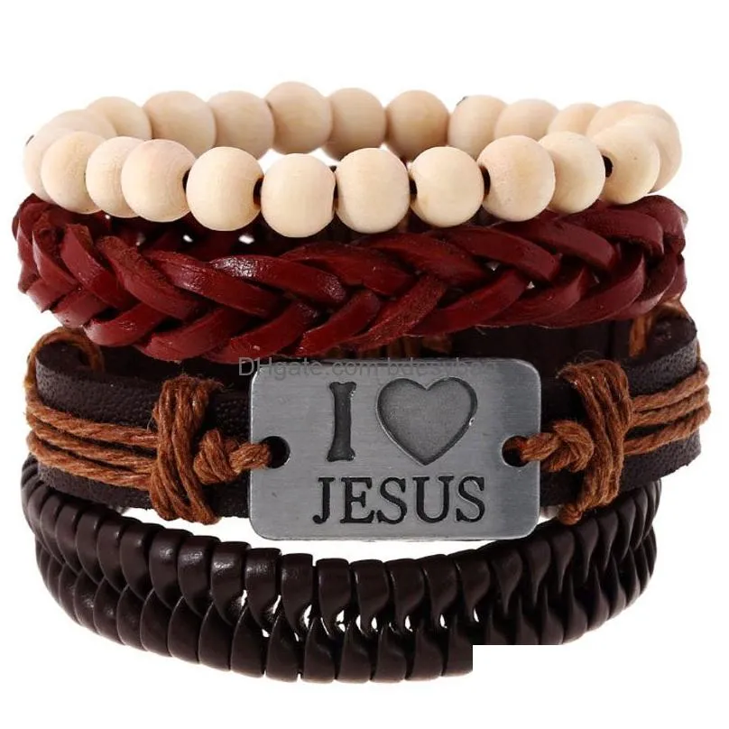 Charm Bracelets Leather Rope Handmade Braided Adjustable Mtilayer Charm Bracelets Set For Men Women Punk I Love Jesus Bangle Fashion Dh8Gm