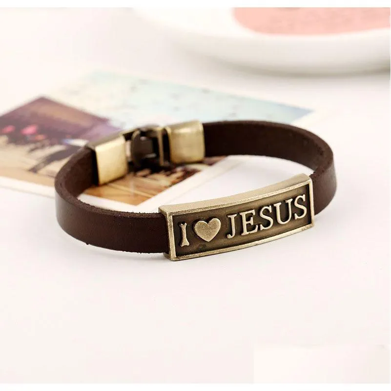 Charm Bracelets I Love Jesus Brown Leather Punk Charm Bracelets Retro Wide Bangle For Men Jewelry Party Club Drop Delivery Jewelry Br Dhzek