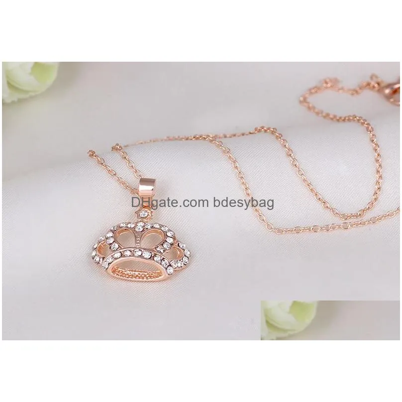 Pendant Necklaces Simple Crystal Gold Sier Plated Crown Pendant Necklaces Wedding Party Decor For Women Girls Chain Jewelry Drop Deliv Dhvgd