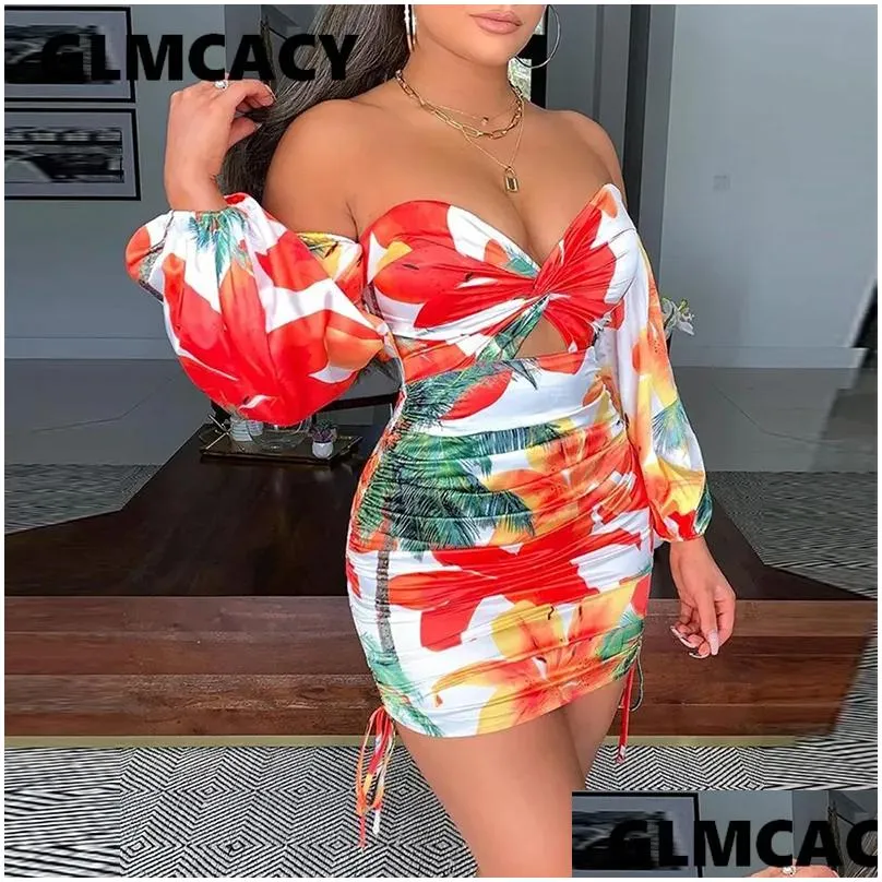 Off Shoulder Long Sleeve Ruched Bodycon Dress Women Bohemian Style Beach Holiday Pleated Dresses T2006239710273