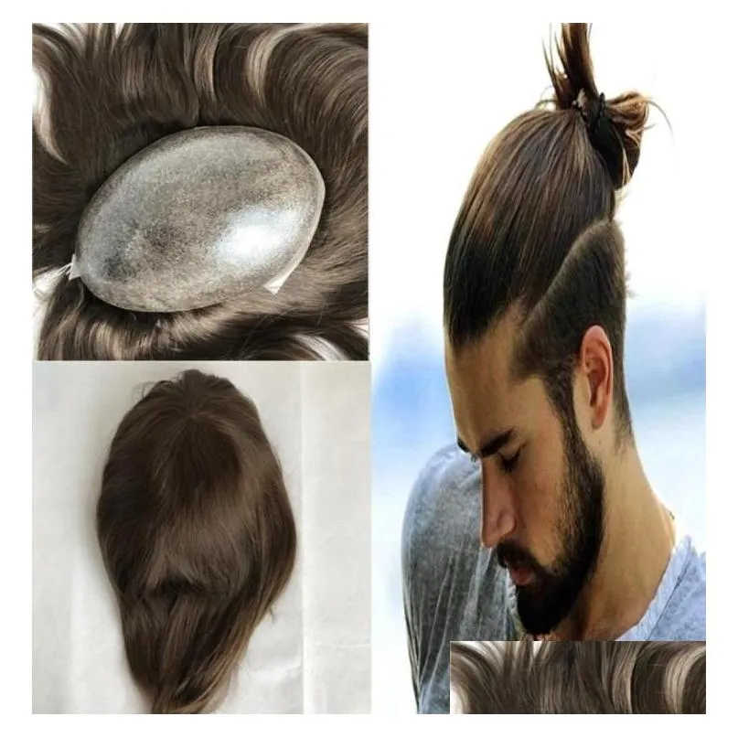Men`S & Children`S Wigs Brown Human Hair Men Toupee European Natural For Fl Skin Pu Hairpiece Replacement System Straight Drop Delive Dh7Ml