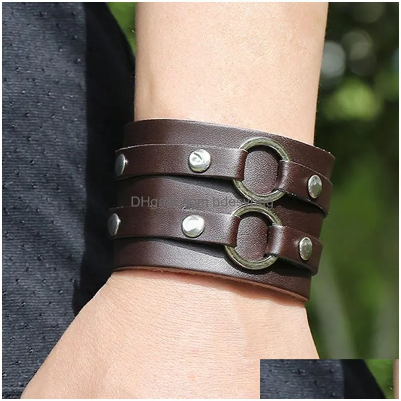 Black Brown Color Leather Handmade Charm Bracelets Wide Braided Adjustable Biker Bangle Jewelry Party Club Decor