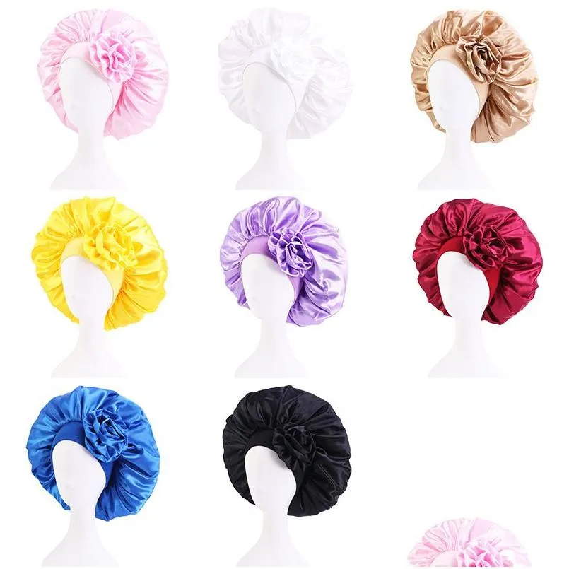 Beanie/Skull Caps Large Satin Wide Band Solid Color Night Hat With Flower For Women Girl Elastic Sleep Caps Headwear Home Hair Care Fa Dhf0O