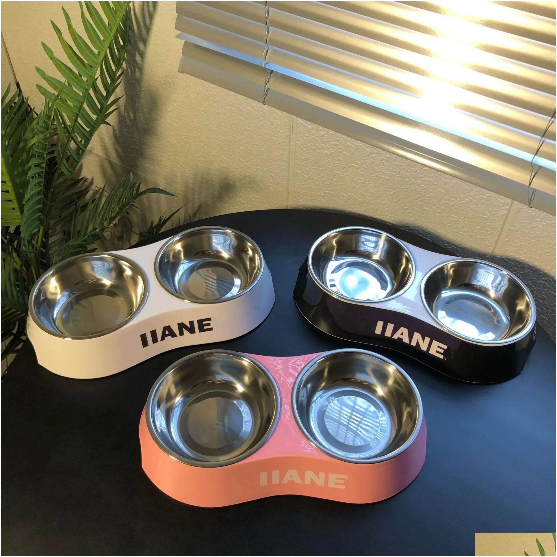 designer dog bowl pet bowl black white pink double bowl letter logo printed pet drinking bowl cat dog food set