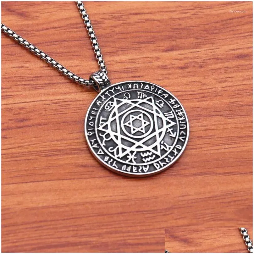 Pendant Necklaces Vintage Astrology Disk Jewelry Men David Star Engraved Disc Necklace Stainless Steel Square Chain Kpop Drop Deliver Dhpyf