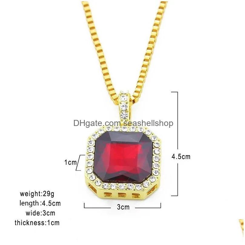 Pendant Necklaces Mens Square Ruby Pendant Necklace Gold Box Chain For Men Fashion Hip Hop Necklaces Jewelry Drop Delivery Jewelry Nec Dhk8E