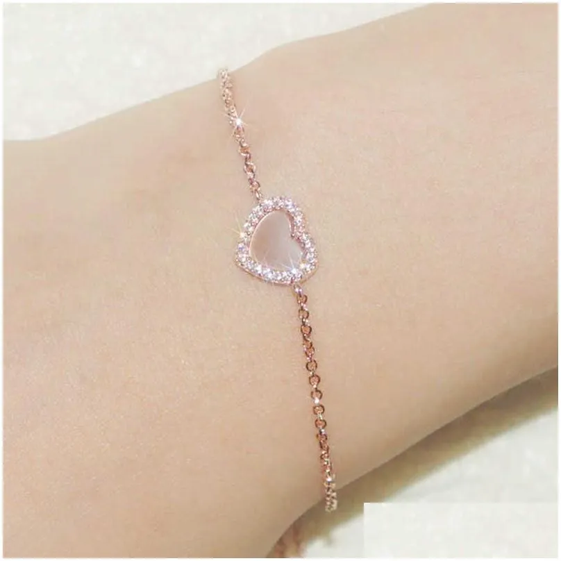 elegant link shell rhinestone love heart bracelet for women 925 silver chain charm bracelets rose gold color jewelry gift s305