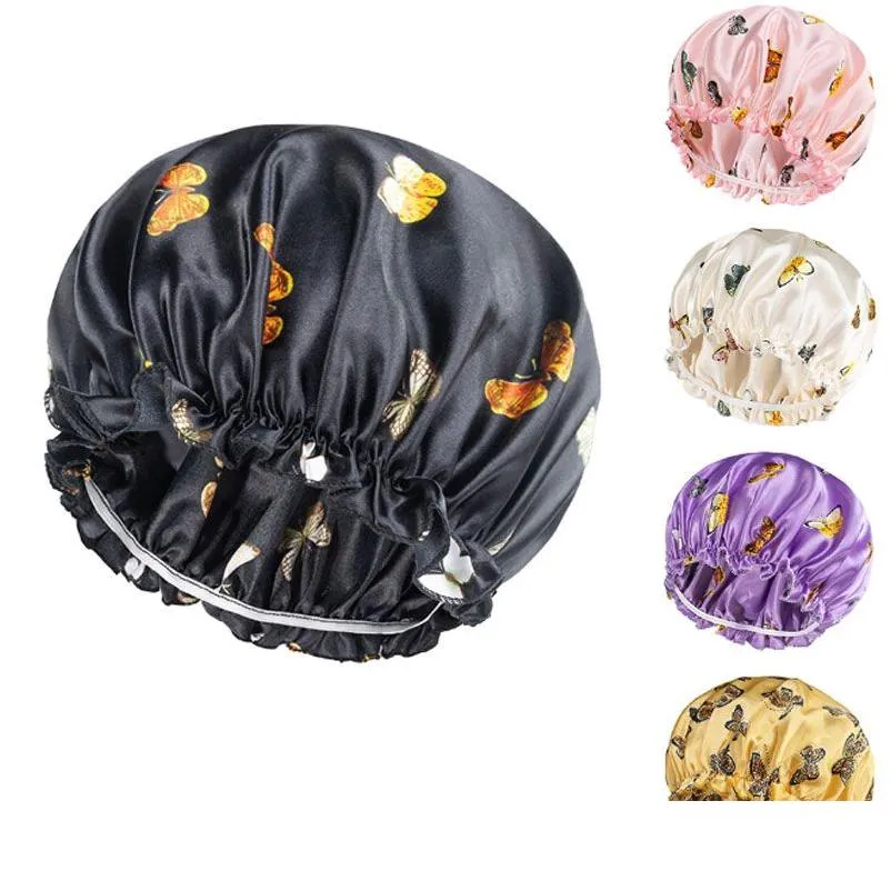 Beanie/Skull Caps Graphic Butterfly Print Satin Night Hat For Women Girl Elastic Sleep Caps Beauty Bonnet Hair Care Fashion Accessorie Dhnhf