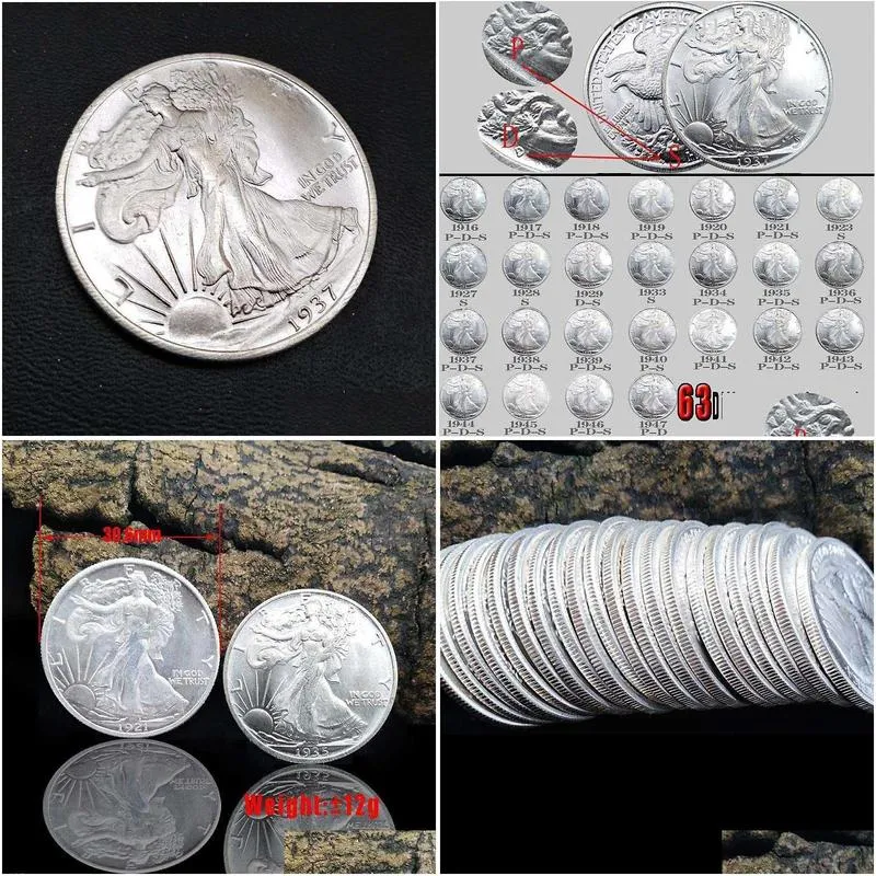 liberty coins 63pcs usa walking bright silver copy coin full set art collectible