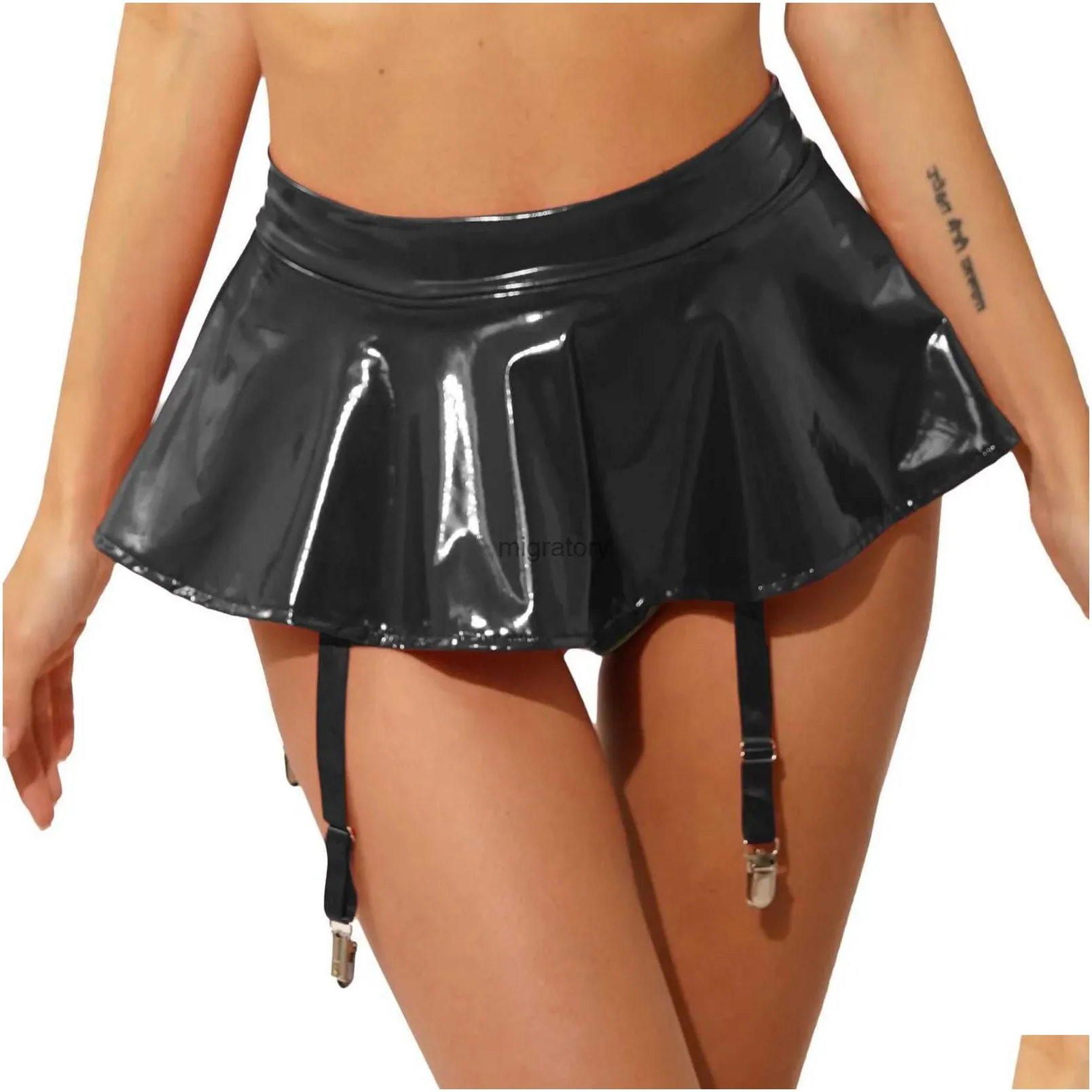 skirts skorts womens wet look patent leather ruffle mini skirt built-in thongs garter belts metal clips lingerie miniskirt rave party clubwear