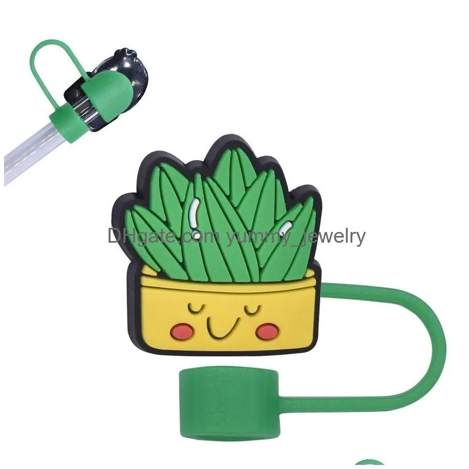 sweet cactus plants silicone straw toppers accessories cover charms reusable splash proof drinking dust plug decorative 8mm/10mm straw