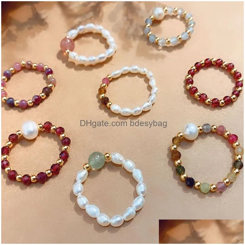 Band Rings Natural Energy Stone Pearl Bead Gold Plated Handmade Elastic Band Rings For Women Girl Party Club Decor Jewelry Drop Deliv Dhchl