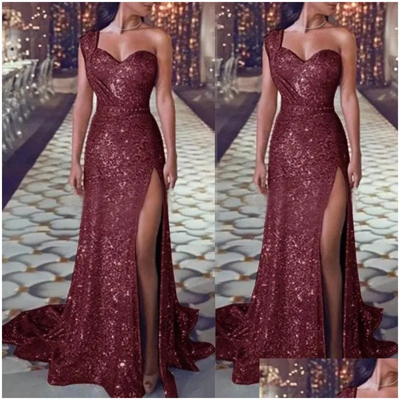 Casual Dresses Summer Sexy One Shoulder Party Dress Women Sleeveless High Slit Shiny Gowns Vestidos De Mujer Sequin Floor-Length