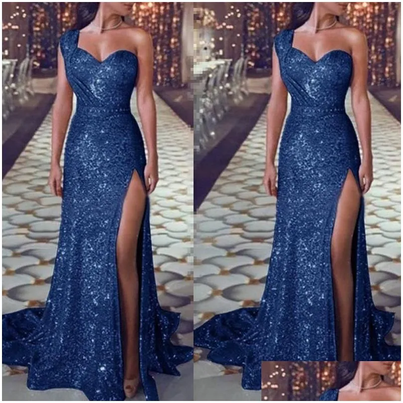 Casual Dresses Summer Sexy One Shoulder Party Dress Women Sleeveless High Slit Shiny Gowns Vestidos De Mujer Sequin Floor-Length