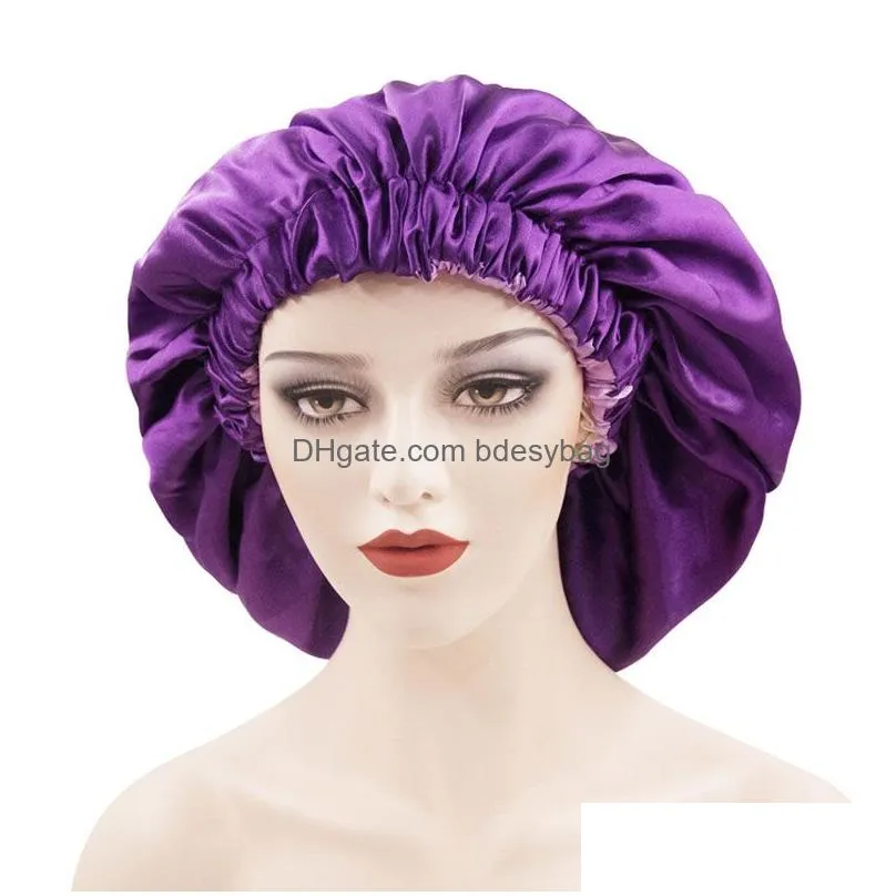 Beanie/Skull Caps Double Layer Solid Color Satin Bonnet Large Night Hat Women Sleep Caps Bath Headwear Hair Care Drop Delivery Fashion Dhtni