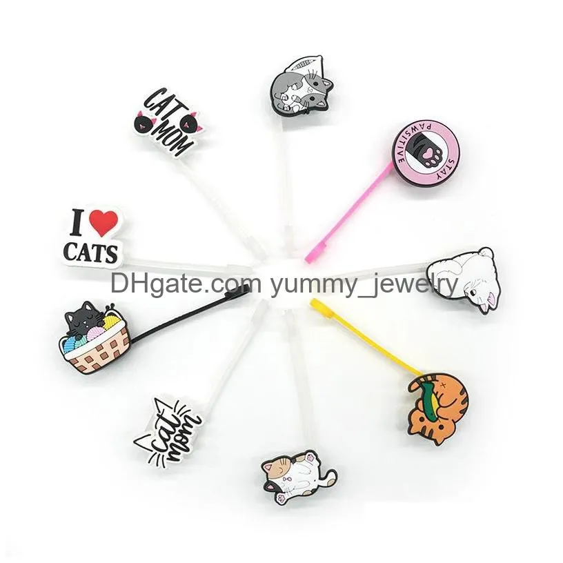 17 colors cats kitten silicone straw toppers accessories cover charms reusable splash proof drinking dust plug decorative 8mm straw party