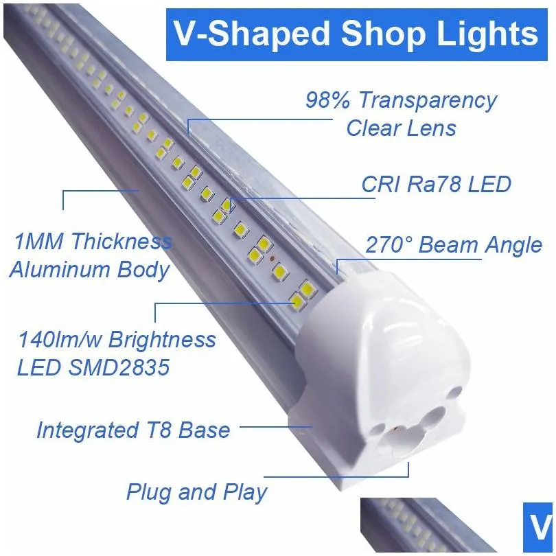 v-shaped integrate t8 led tube 2400mm 4 5 6 8 ft feet fluorescent lamp 8ft 4ft led light tubes cooler door lighting ultra bright daylight 6500k shop