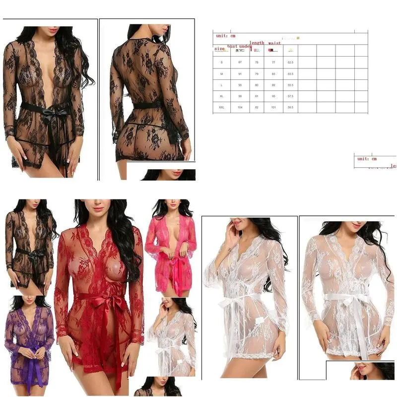 Sexy Skirt Bras Sets Womens Y Lingerie See-Through Mesh Sleepwear Lace Transparent Spring And Summer Women Robe Bathrobes Drop Deliver Otn8Q