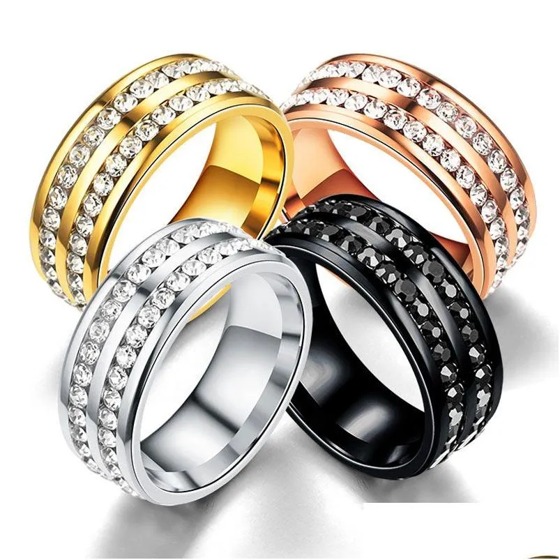 Band Rings 8Mm Stainless Steel Crystal Gold Sier Plated Band Rings For Women Men Fashion Jewelry Wedding Party Club Wear Drop Deliver Dh5Sq