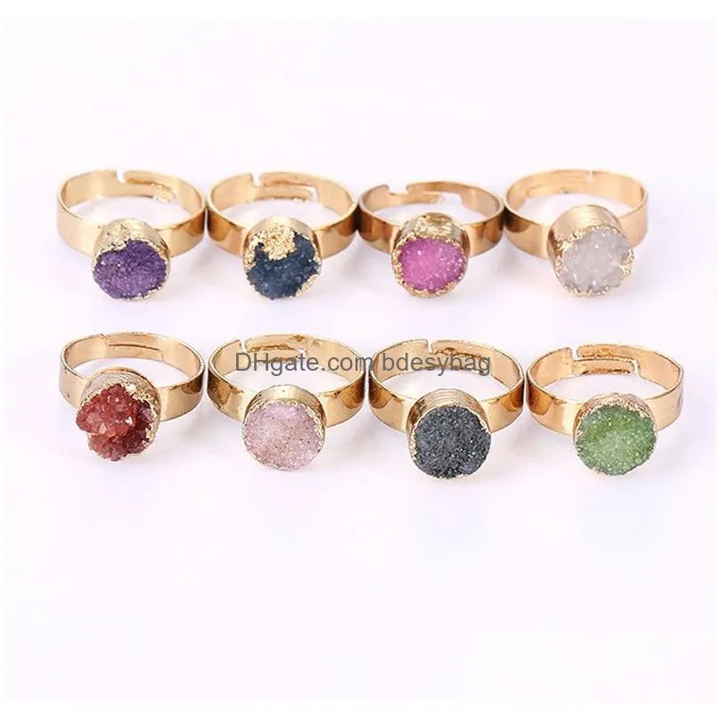 Solitaire Ring Colorf Natural Crystal Stone Druzy Gold Plated Adjustable Rings Party Club Decor Fashion Punk Jewelry For Women Girl A Dh4Gz