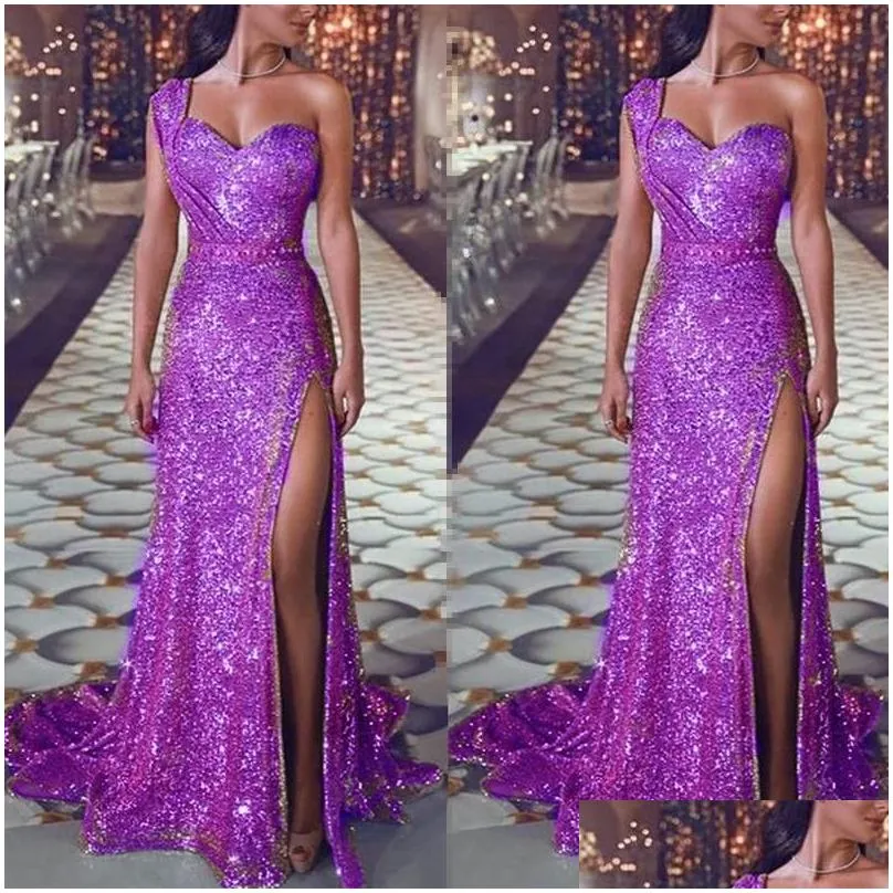 Casual Dresses Summer Sexy One Shoulder Party Dress Women Sleeveless High Slit Shiny Gowns Vestidos De Mujer Sequin Floor-Length