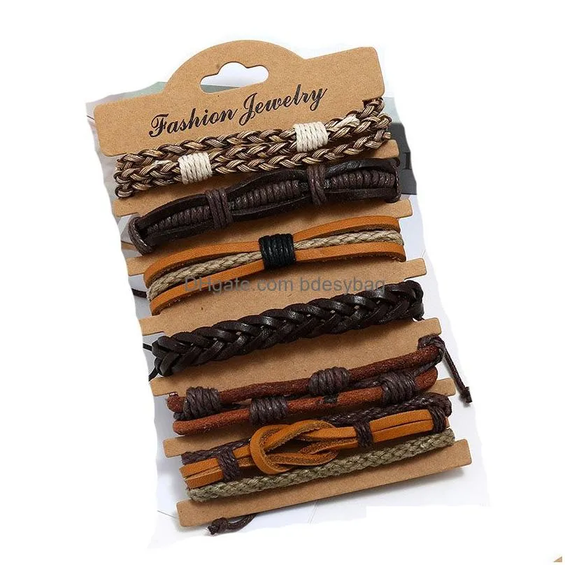 Charm Bracelets 5Pcs/Set Handmade Braided Rope Mtilayer Leather Charm Bracelets For Men Women Girl Adjustable Punk Bangle Jewelry Dro Dh3J4
