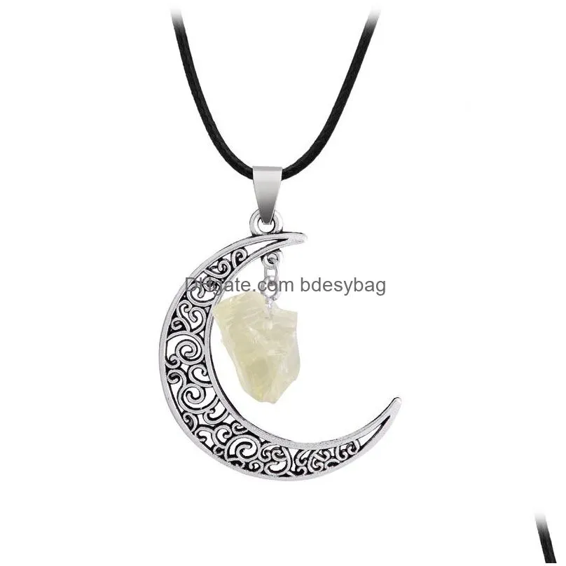 Pendant Necklaces Simple Irregar Natural Stone Crystal Healing Moon Pendant Necklaces Jewelry With Rope Chain For Women Men Drop Deliv Dhcji