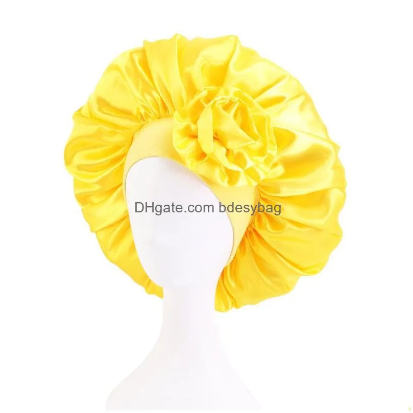 Beanie/Skull Caps Large Satin Wide Band Solid Color Night Hat With Flower For Women Girl Elastic Sleep Caps Headwear Home Hair Care Fa Dhf0O