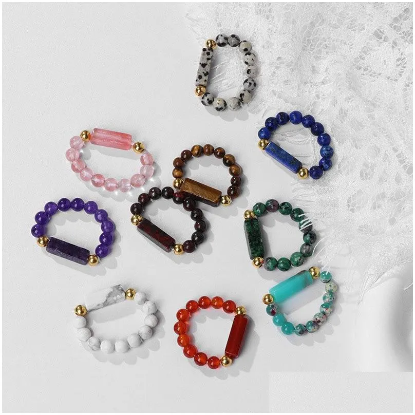Band Rings 4Mm Natural Crystal Stone Gold Plated Beaded Band Rings For Women Girl Party Club Decor Elastic Jewelry Drop Delivery Jewe Dhz0M