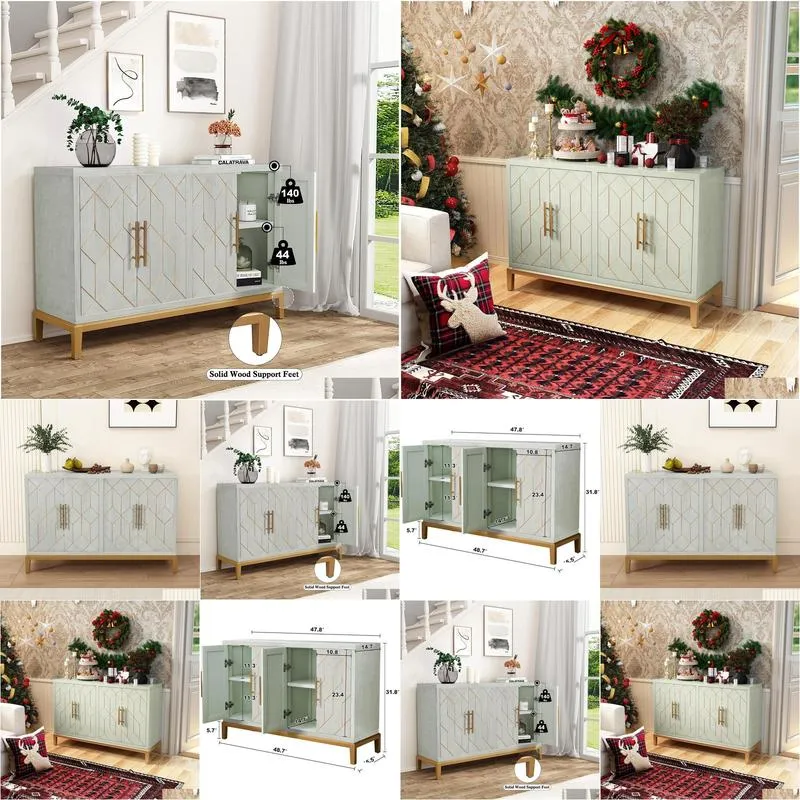 48 accent cabinet with 4 doors and shelves modern credenza storage cabinet with gold trim green buffet cabinet for living room kitchen dining room 