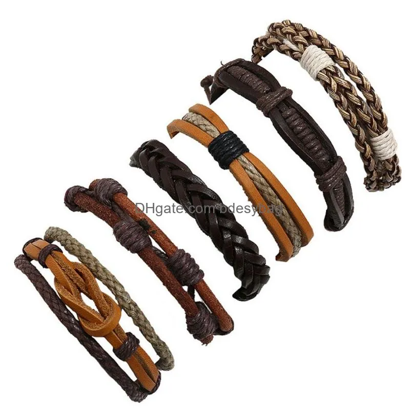 Charm Bracelets 5Pcs/Set Handmade Braided Rope Mtilayer Leather Charm Bracelets For Men Women Girl Adjustable Punk Bangle Jewelry Dro Dh3J4