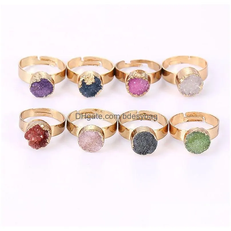 Solitaire Ring Colorf Natural Crystal Stone Druzy Gold Plated Adjustable Rings Party Club Decor Fashion Punk Jewelry For Women Girl A Dh4Gz