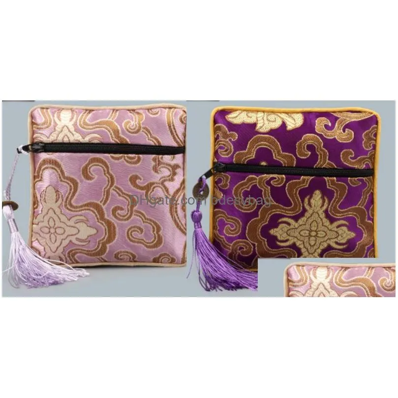 Jewelry Pouches, Bags Square Chinese Style Embroidery Jewelry Display Packaging Pouches Zipper Wedding Party Favor Gift Lucky Silk Bag Dhiae
