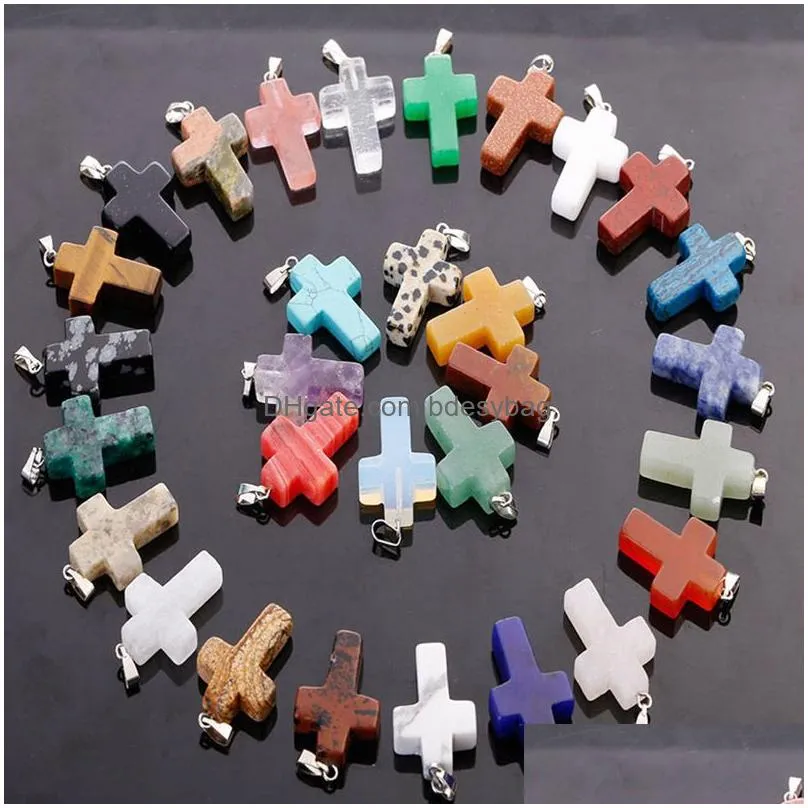 Pendant Necklaces Natural Stone Crystal Cross Pendant Necklaces For Women Men Lover Fashion Lucky Party Jewelry With Drop Delivery Jew Dhm3W