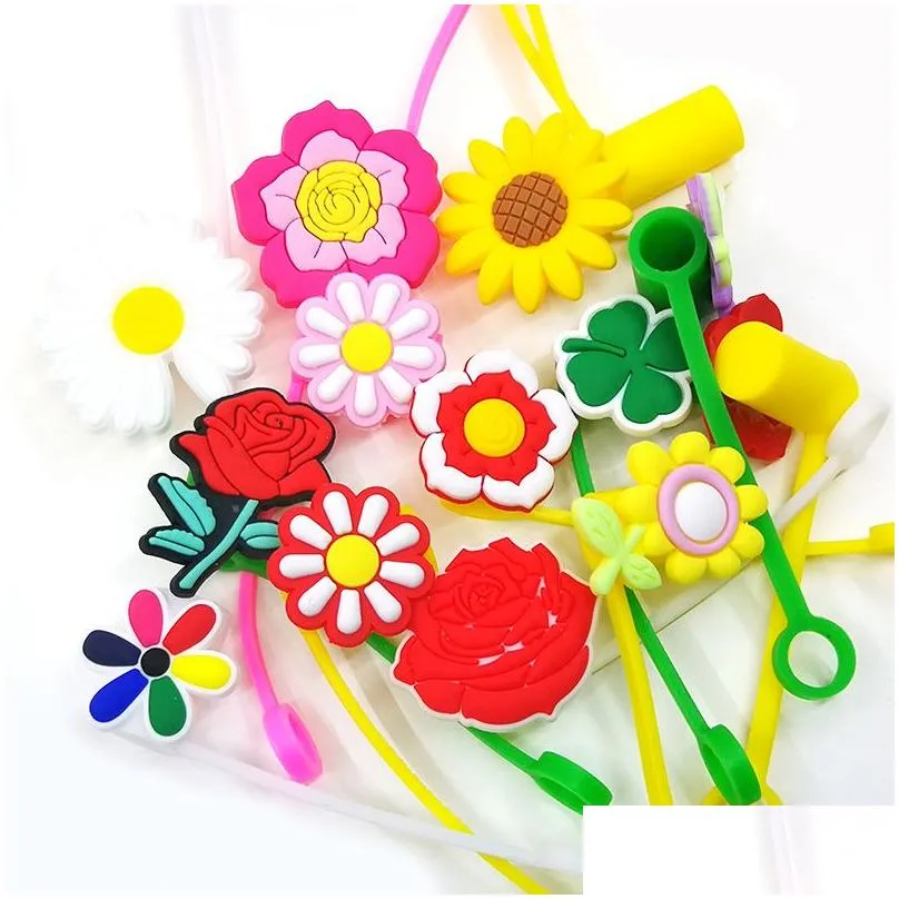 custom drinks etc pattern soft silicone straw toppers accessories cover charms reusable splash proof drinking dust plug decorative 8mm straw party