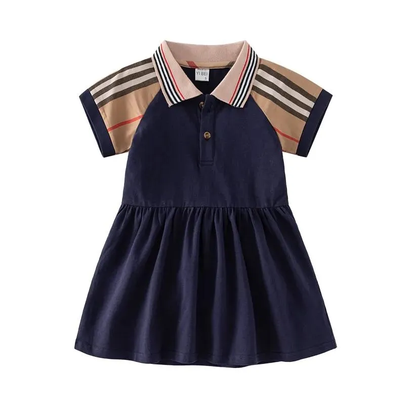 baby girls dresses summer kids short sleeve dress turn-down collar children striped skirts child skirt