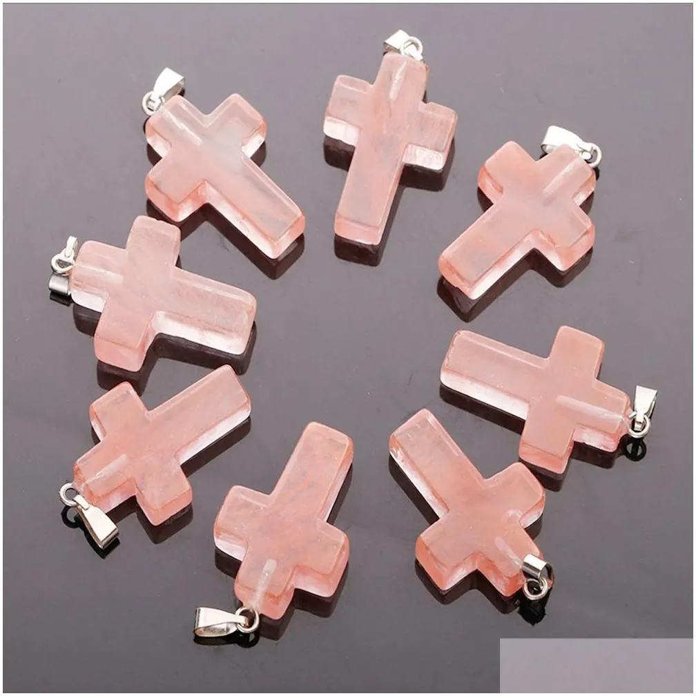 wholesale 50pcs/lot charms high quality cross pendant natural crystal stone pendants for jewelry making earring necklace 