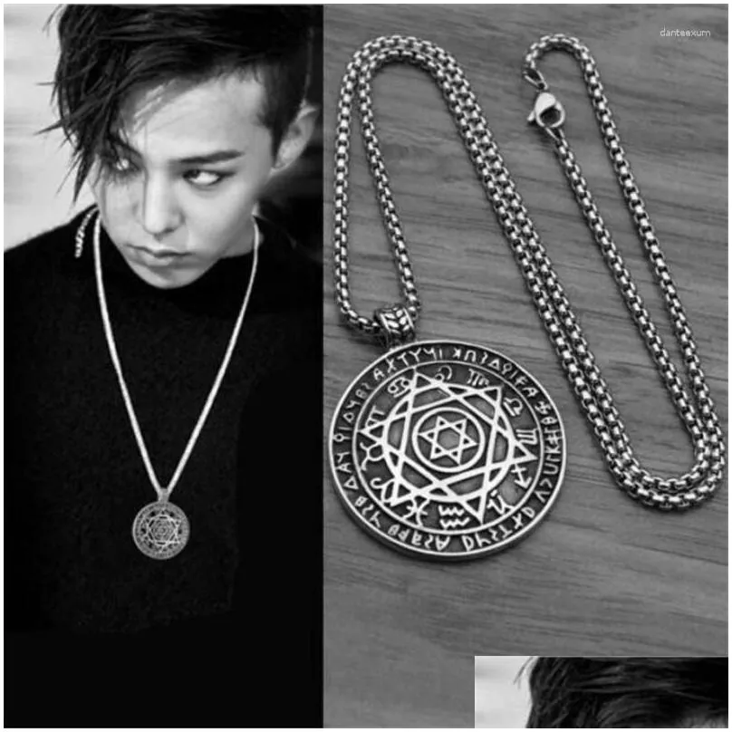 Pendant Necklaces Vintage Astrology Disk Jewelry Men David Star Engraved Disc Necklace Stainless Steel Square Chain Kpop Drop Deliver Dhpyf