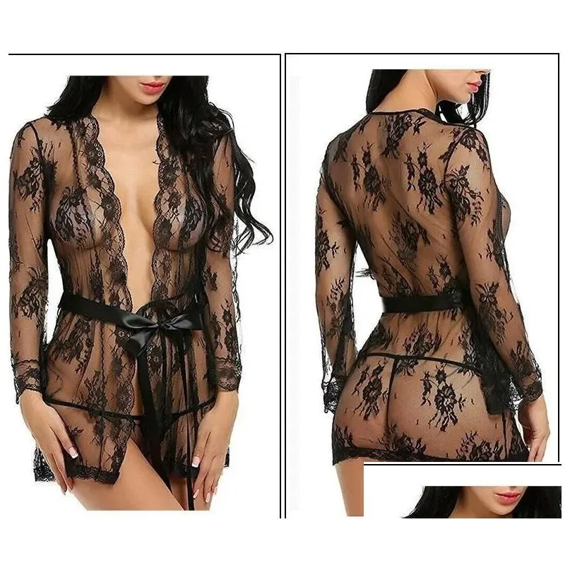 Sexy Skirt Bras Sets Womens Y Lingerie See-Through Mesh Sleepwear Lace Transparent Spring And Summer Women Robe Bathrobes Drop Deliver Otn8Q