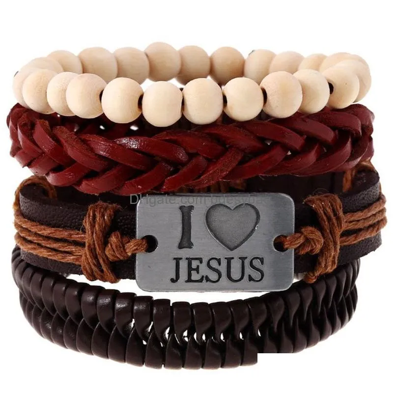 Charm Bracelets Leather Rope Handmade Braided Adjustable Mtilayer Charm Bracelets Set For Men Women Punk I Love Jesus Bangle Fashion Dh8Gm