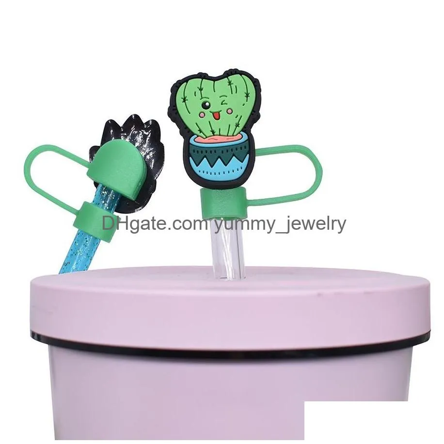 sweet cactus plants silicone straw toppers accessories cover charms reusable splash proof drinking dust plug decorative 8mm/10mm straw